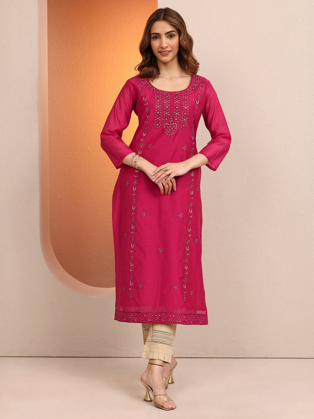 Libas Pink Embroidered Chanderi Silk Straight Kurta