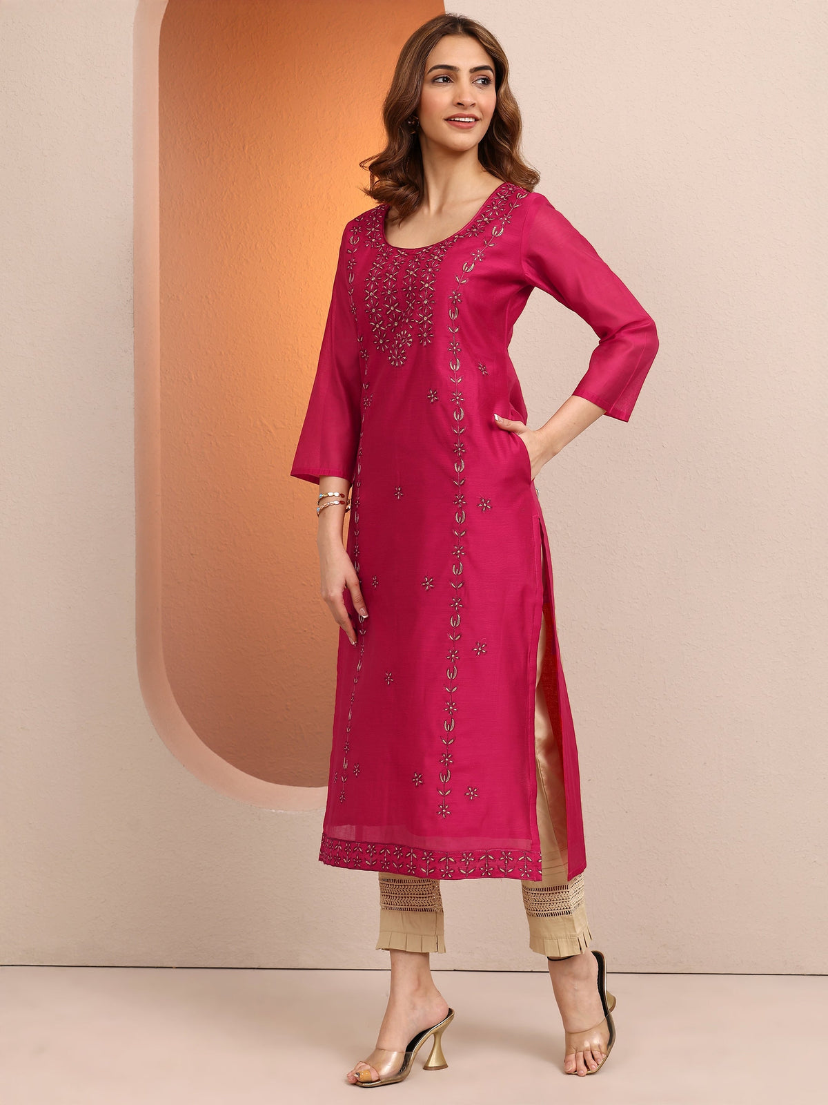 Libas Pink Embroidered Chanderi Silk Straight Kurta