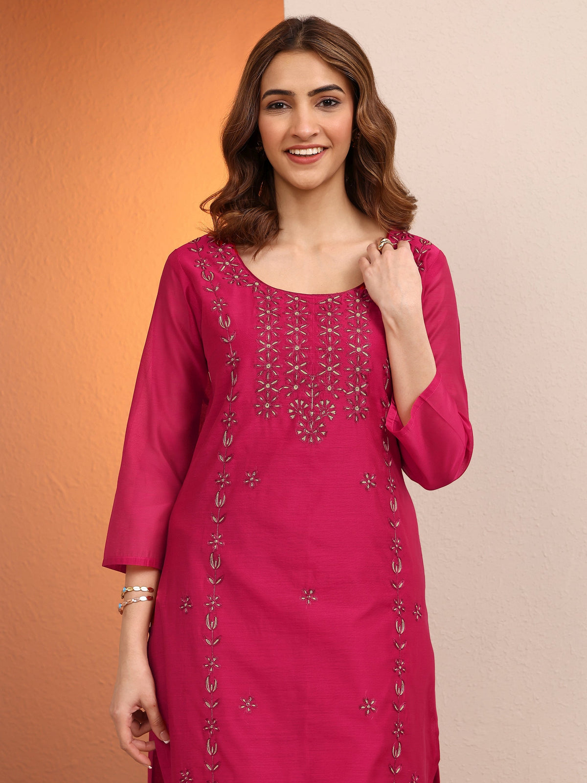 Libas Pink Embroidered Chanderi Silk Straight Kurta