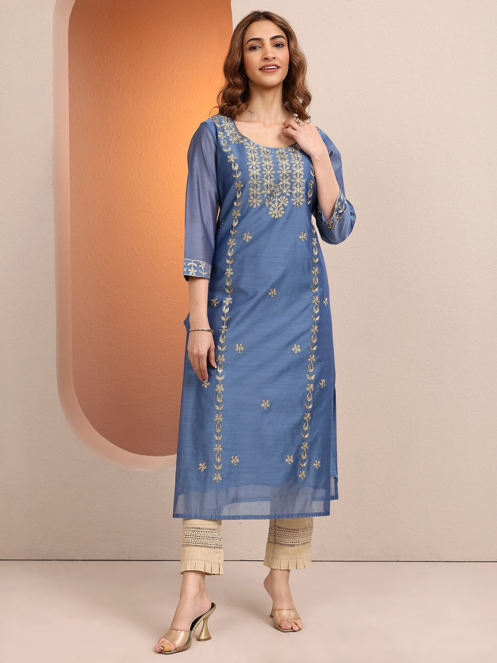 Libas Blue Embroidered Chanderi Silk Straight Kurta
