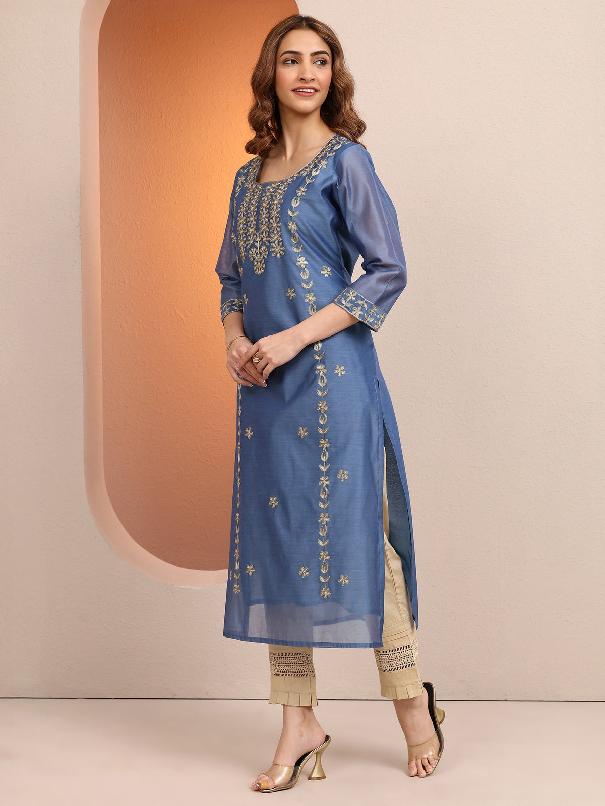 Libas Blue Embroidered Chanderi Silk Straight Kurta