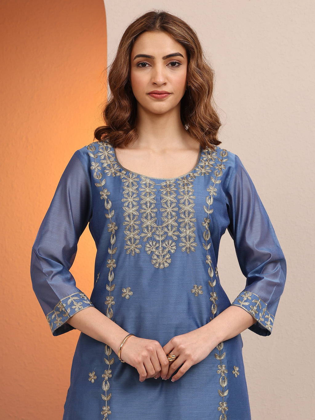 Libas Blue Embroidered Chanderi Silk Straight Kurta