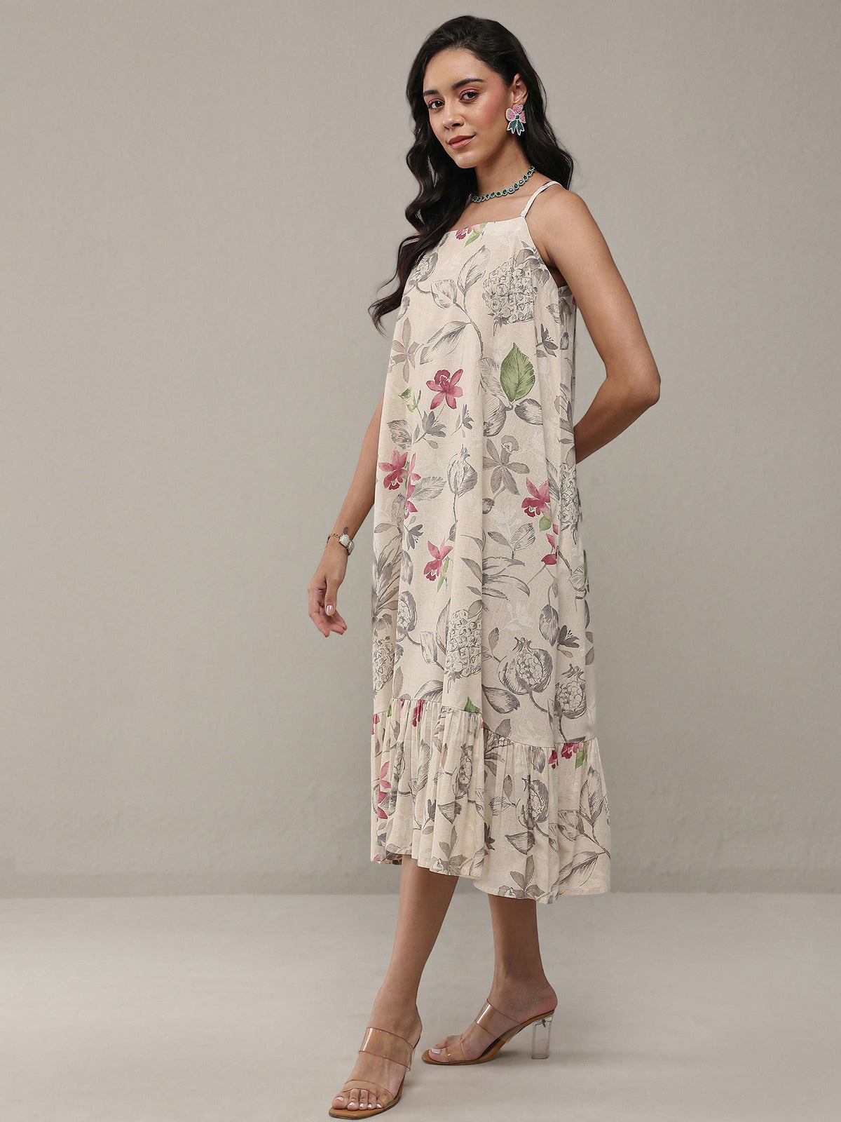 Libas Off White Floral Printed Cotton A-Line Drop Waist Dress