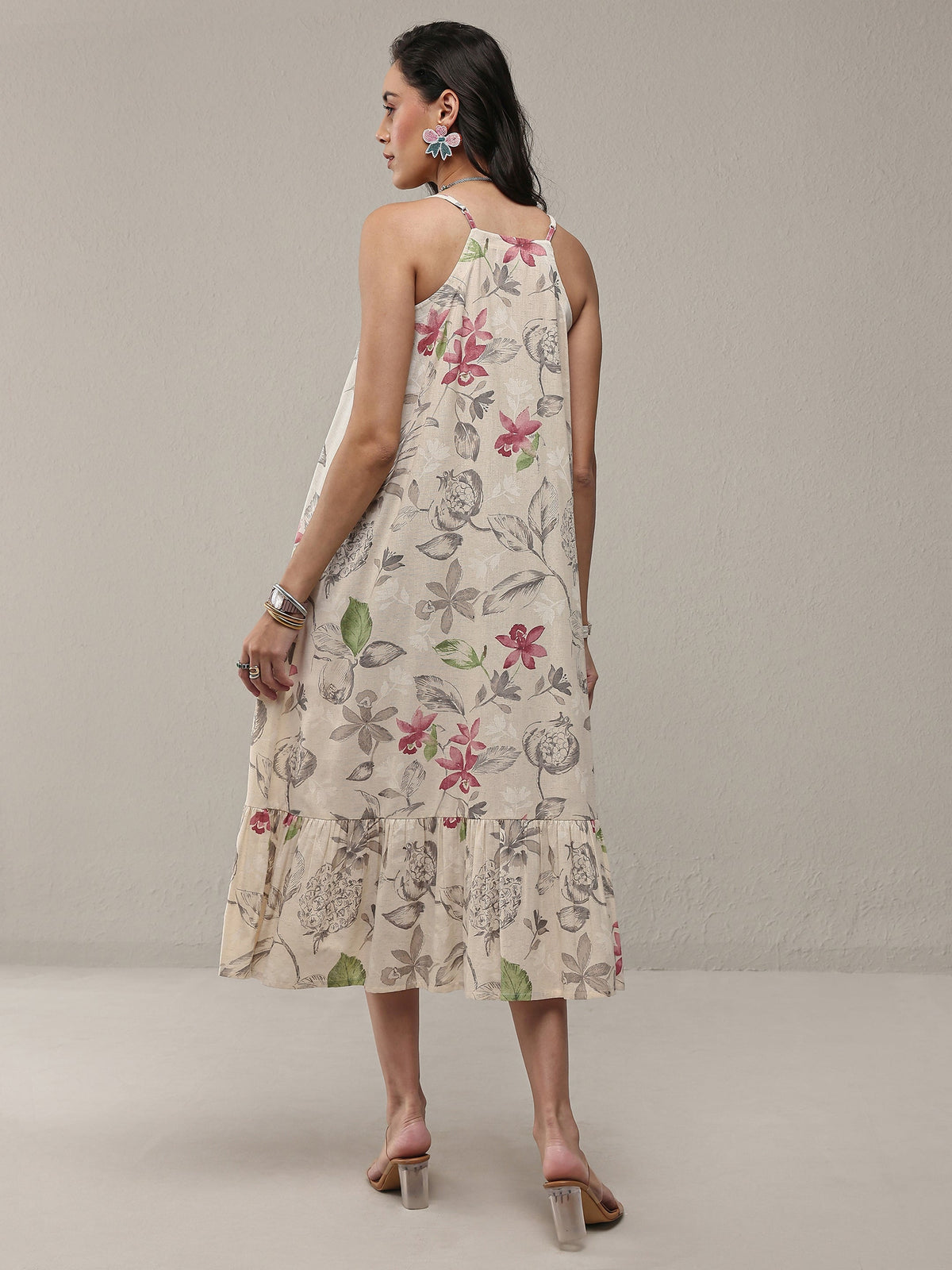 Libas Off White Floral Printed Cotton A-Line Drop Waist Dress