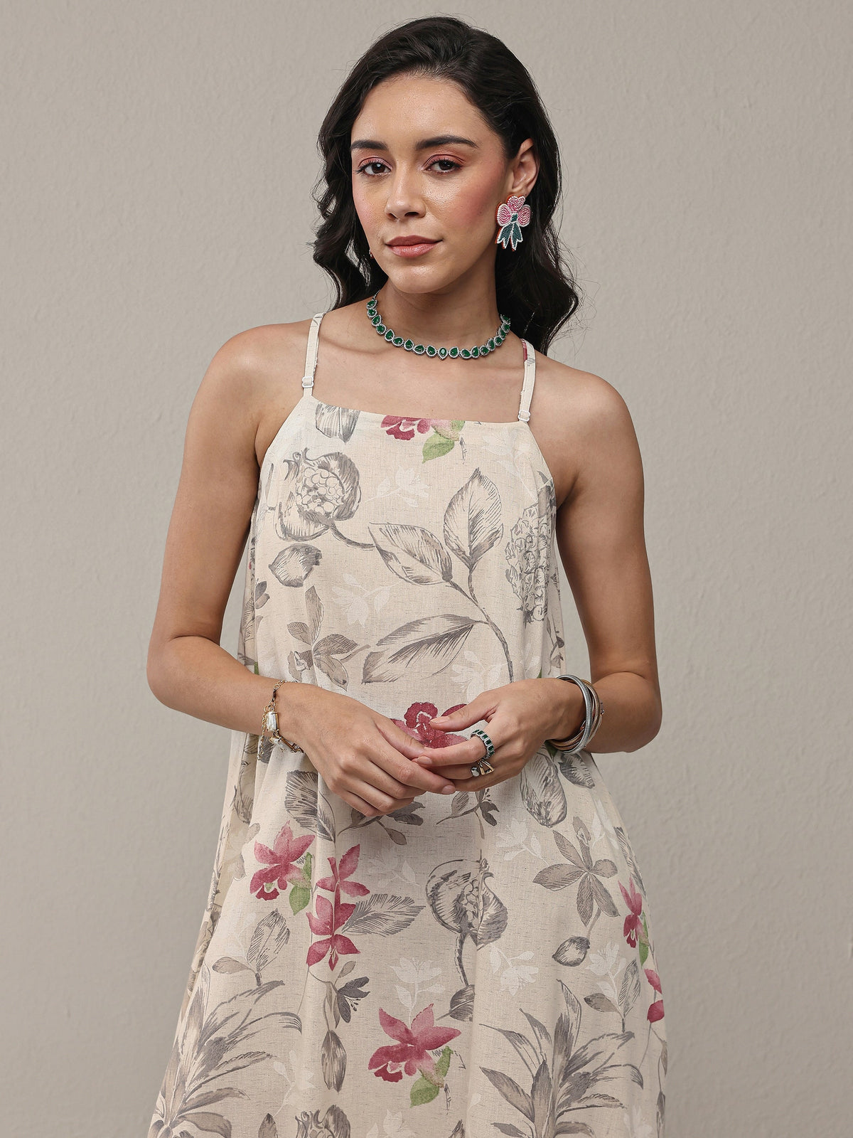 Libas Off White Floral Printed Cotton A-Line Drop Waist Dress