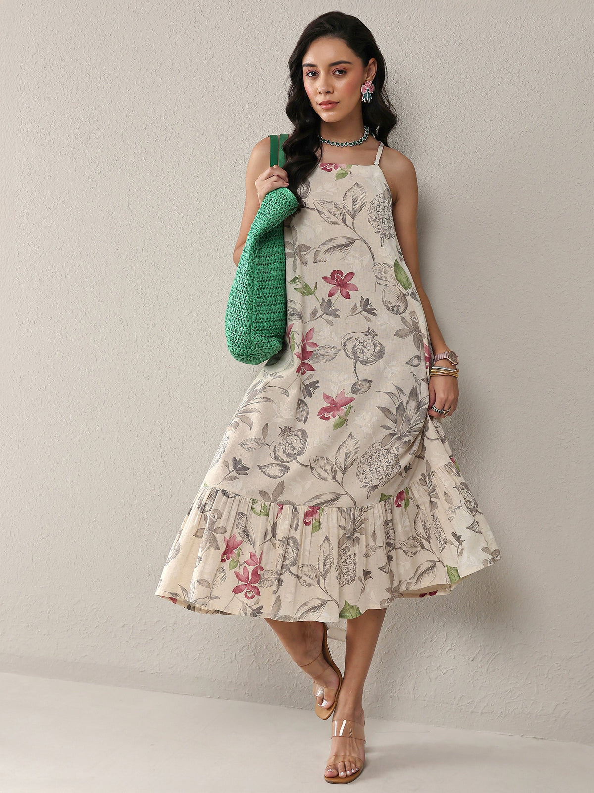 Libas Off White Floral Printed Cotton A-Line Drop Waist Dress