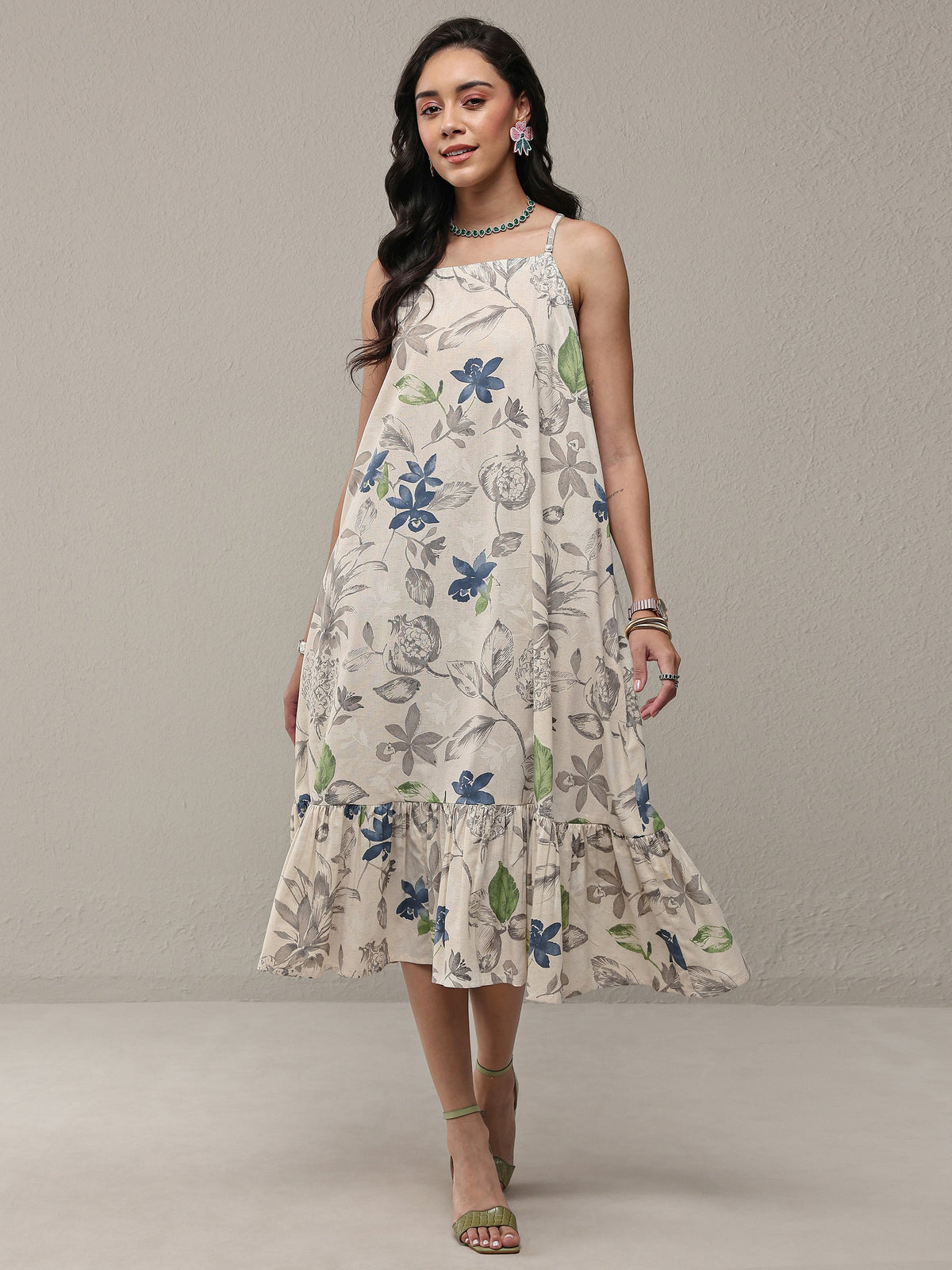 Libas Off White Floral Printed Cotton A-Line Drop Waist Dress