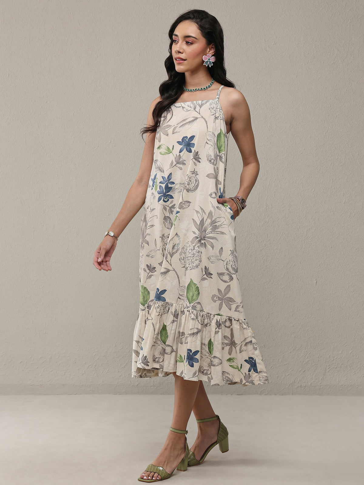 Libas Off White Floral Printed Cotton A-Line Drop Waist Dress