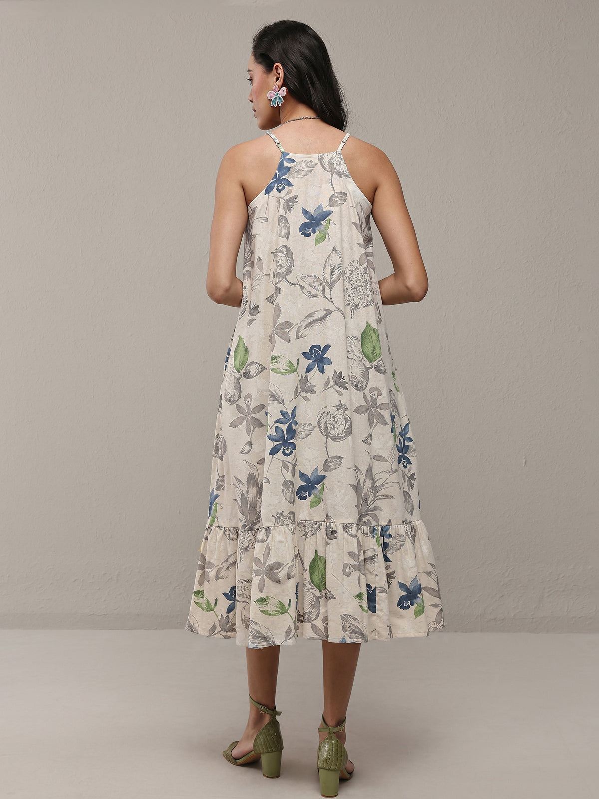 Libas Off White Floral Printed Cotton A-Line Drop Waist Dress