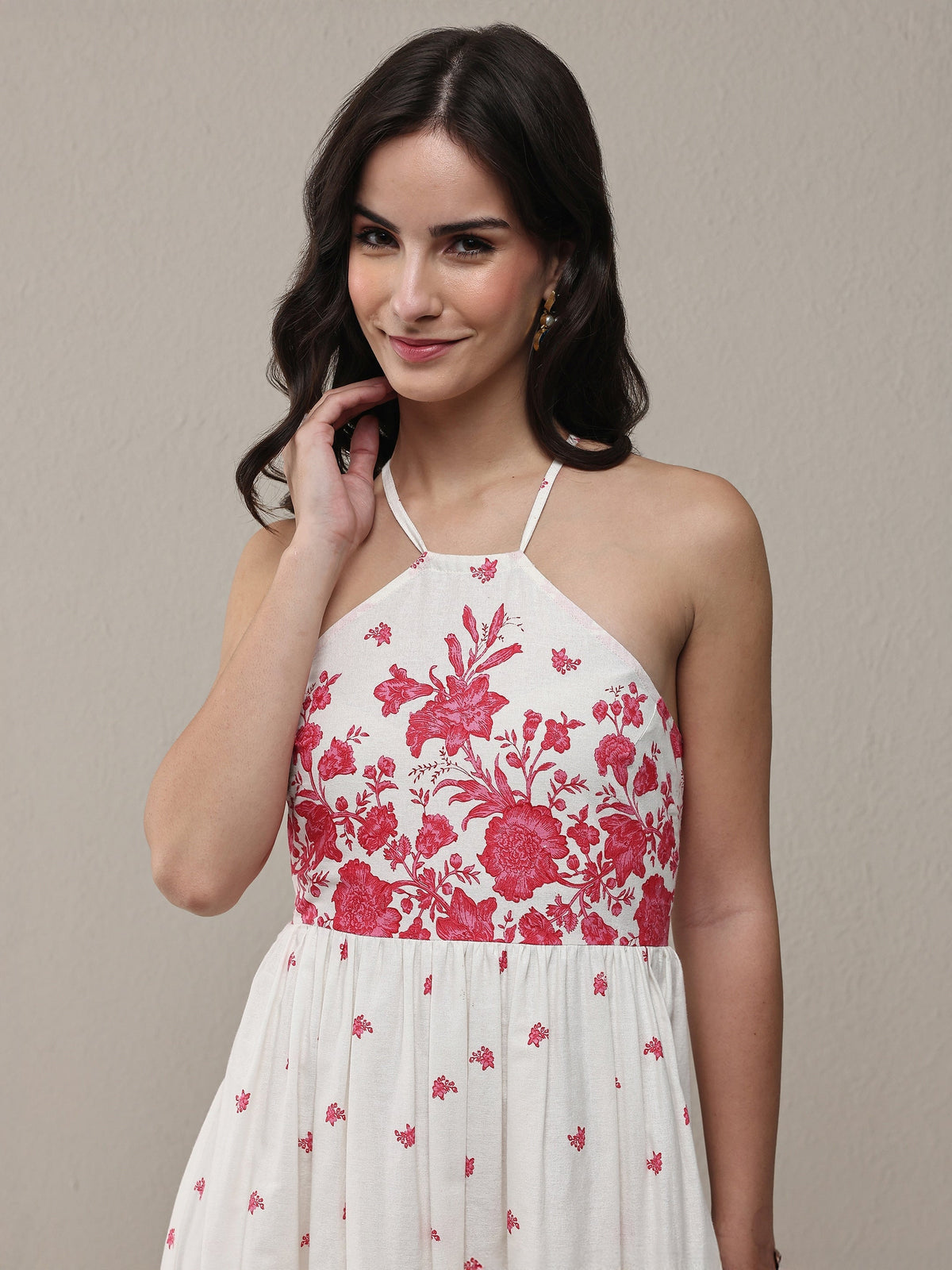 Libas White Floral Printed Cotton Fit-And-Flare One Piece Dress