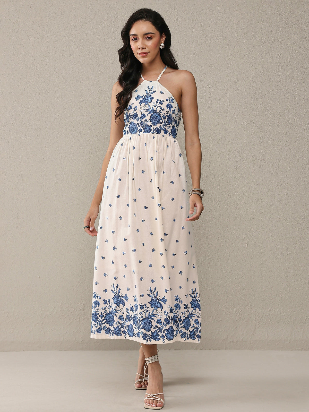 Libas White Floral Printed Cotton Fit-And-Flare One Piece Dress