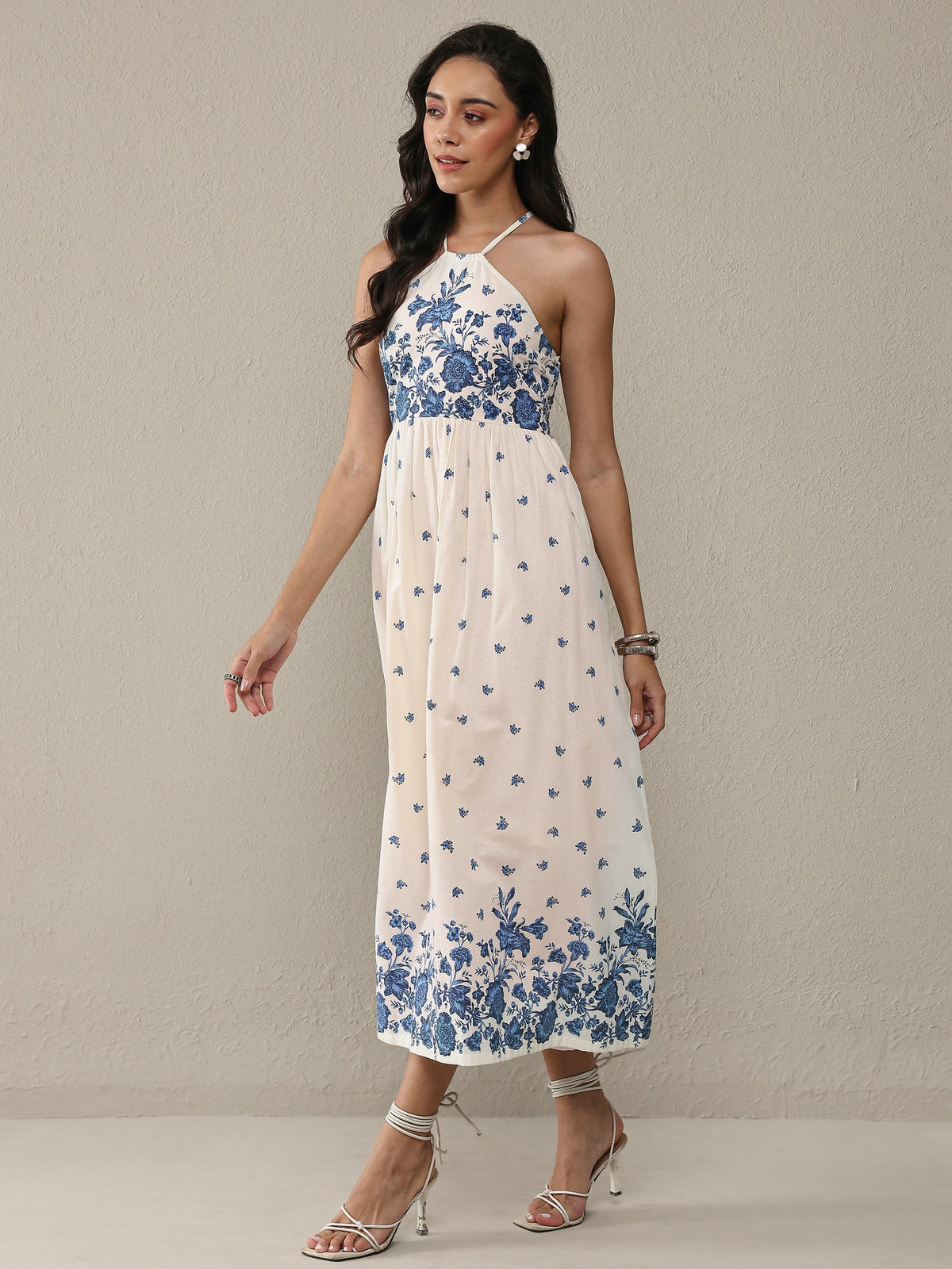 Libas White Floral Printed Cotton Fit-And-Flare One Piece Dress