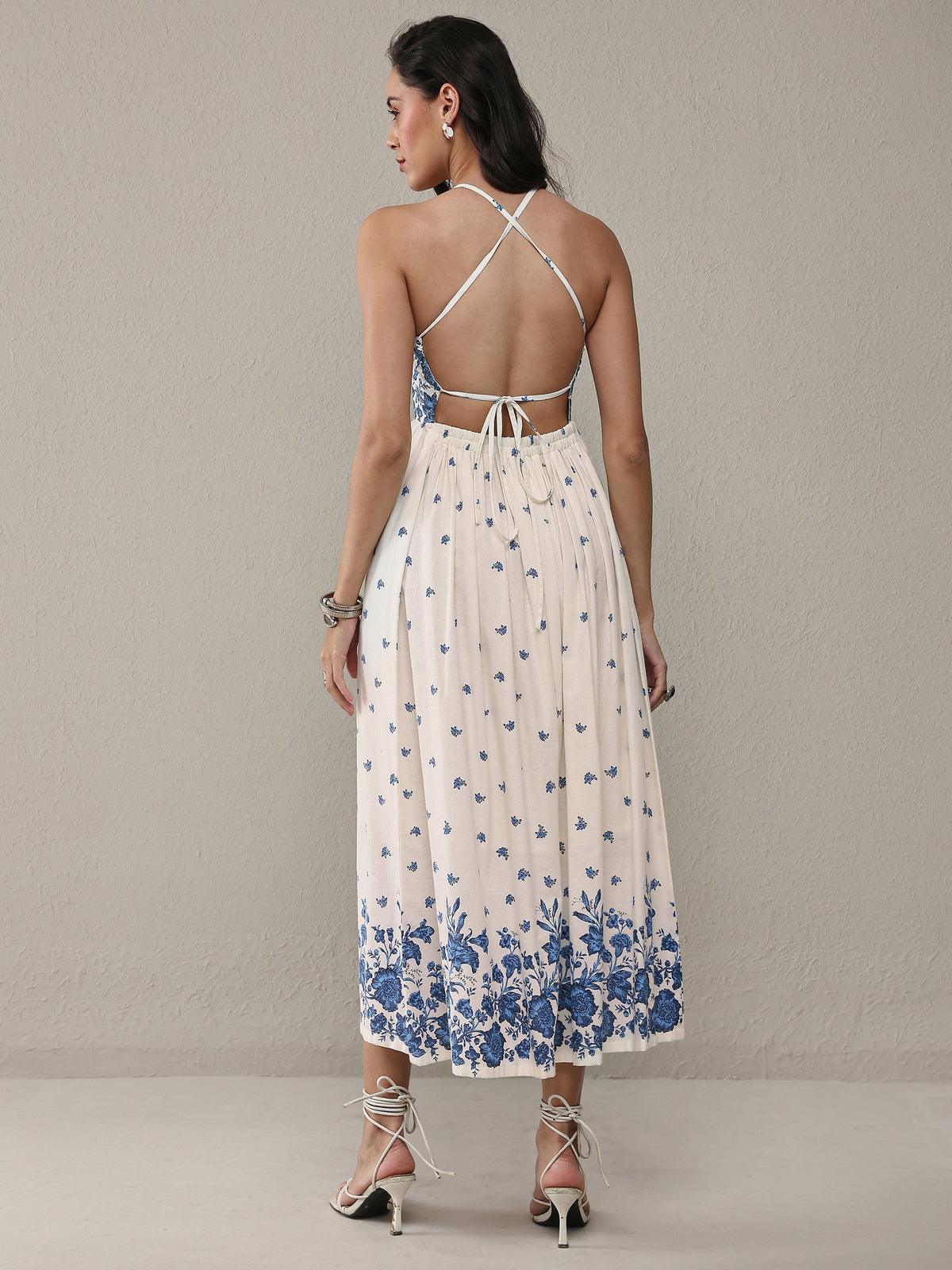 Libas White Floral Printed Cotton Fit-And-Flare One Piece Dress