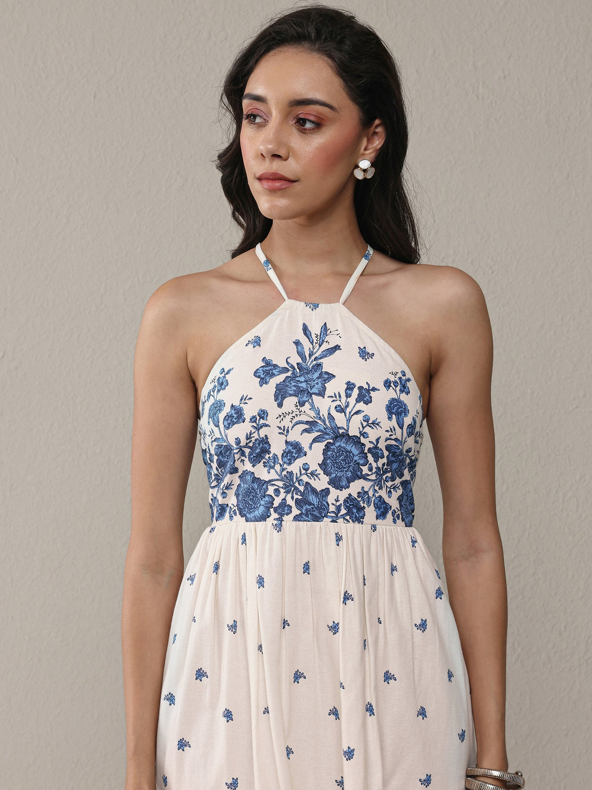 Libas White Floral Printed Cotton Fit-And-Flare One Piece Dress