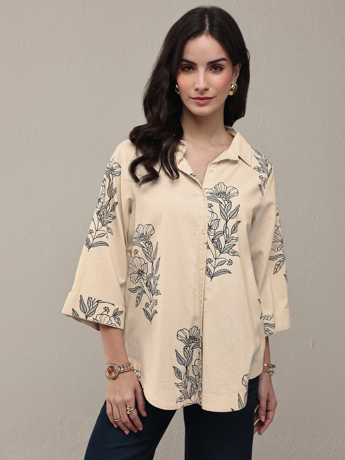 Libas Off White Floral Printed Cotton Shirt