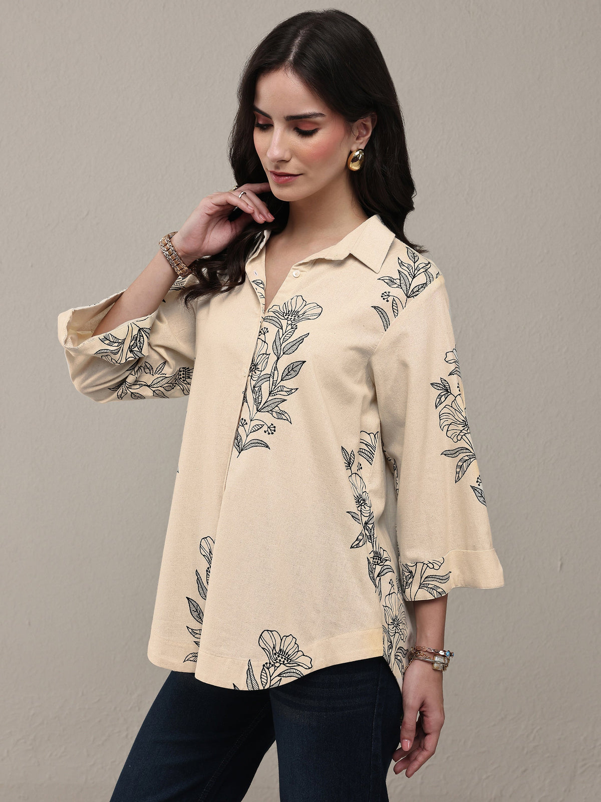 Libas Off White Floral Printed Cotton Shirt