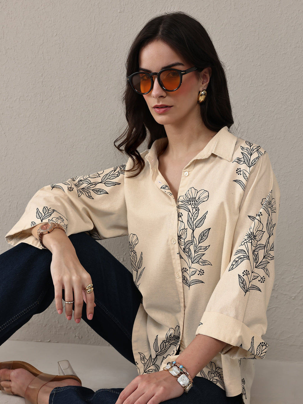 Libas Off White Floral Printed Cotton Shirt