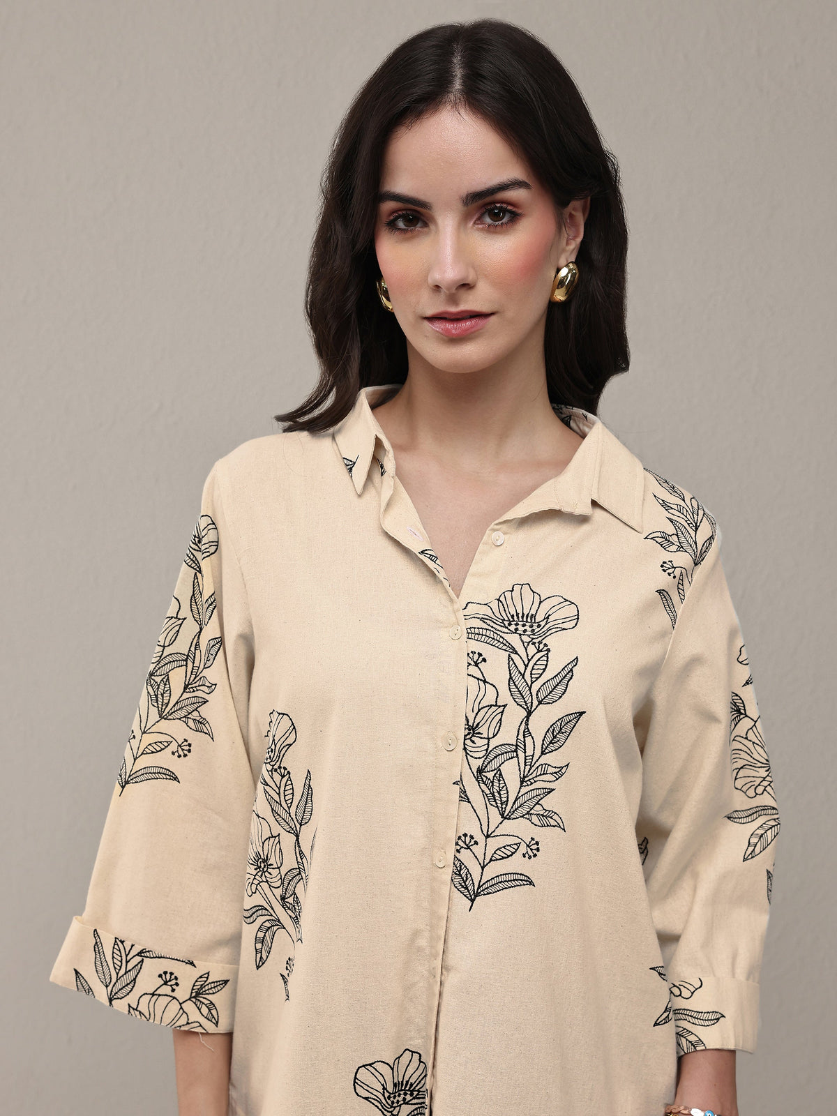 Libas Off White Floral Printed Cotton Shirt