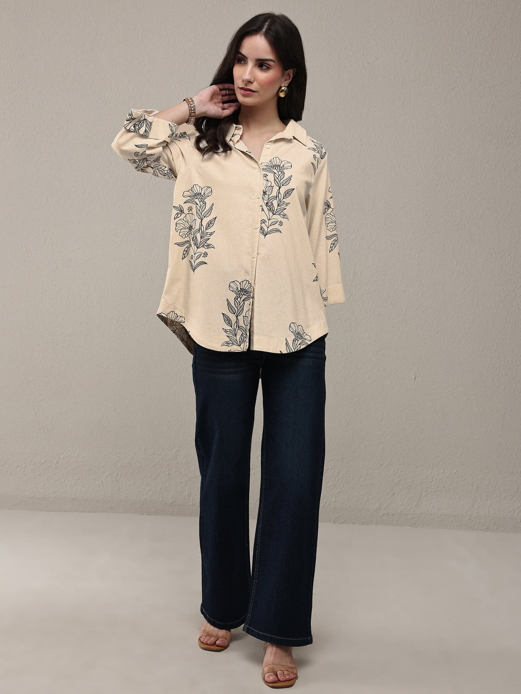 Libas Off White Floral Printed Cotton Shirt