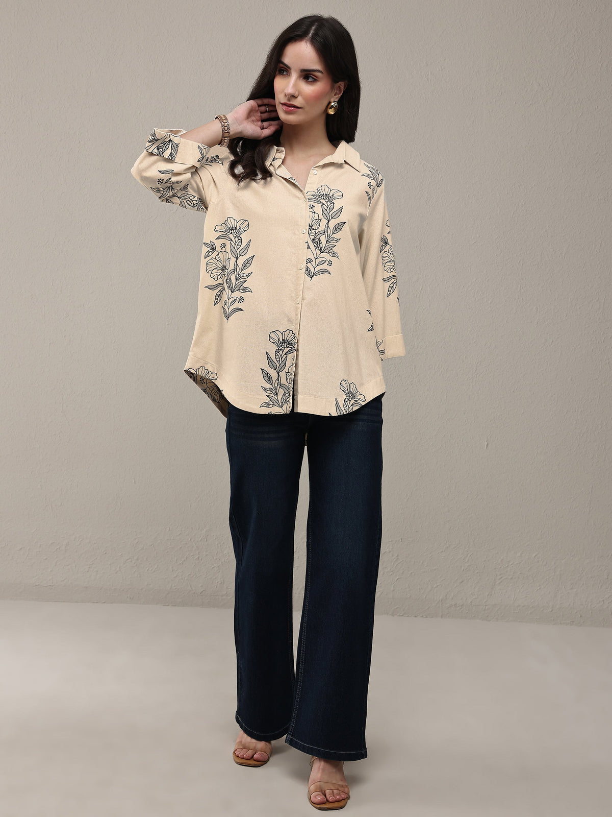 Libas Off White Floral Printed Cotton Shirt