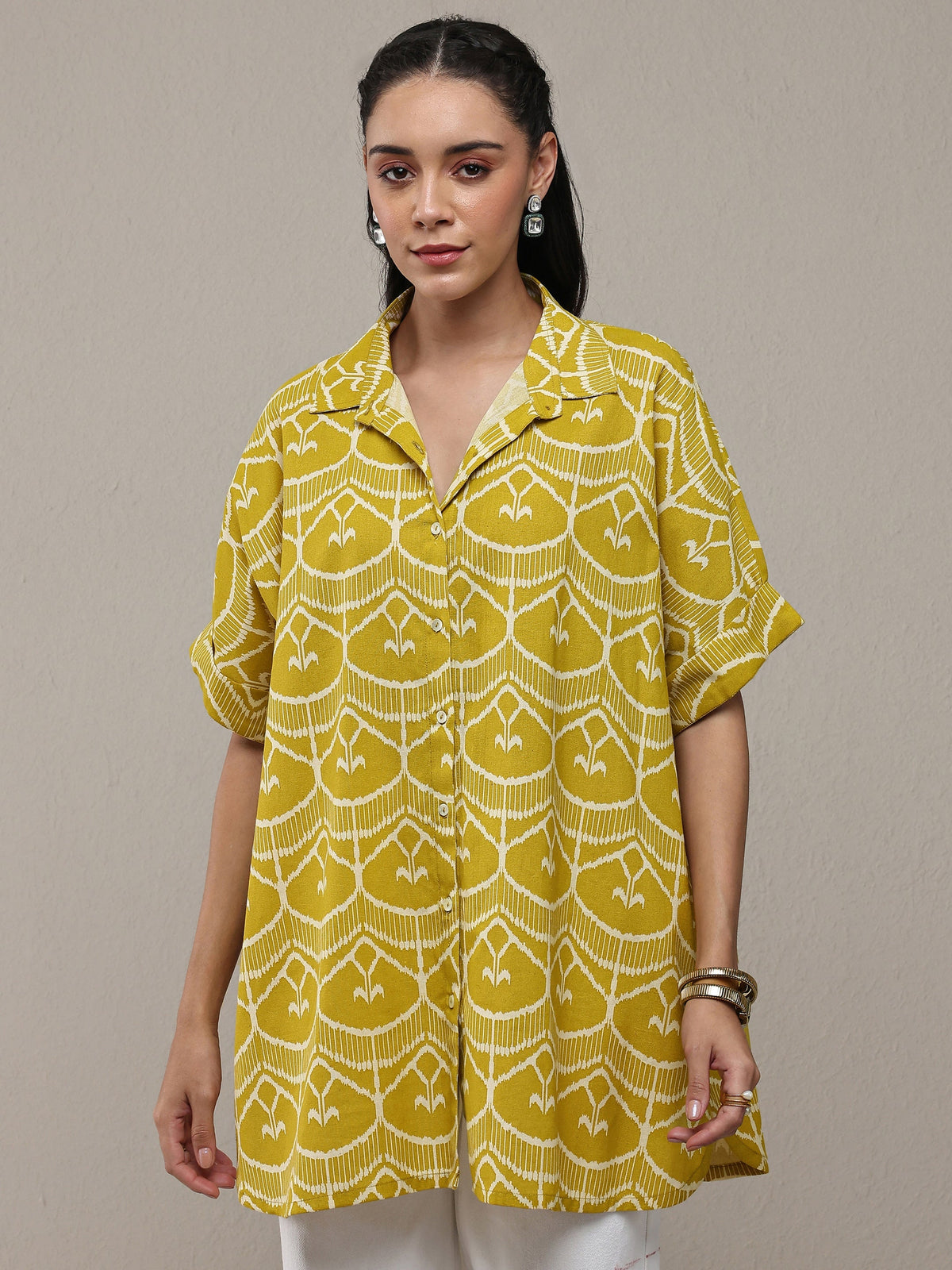 Libas Lime Green Ethnic Printed Cotton Shirt