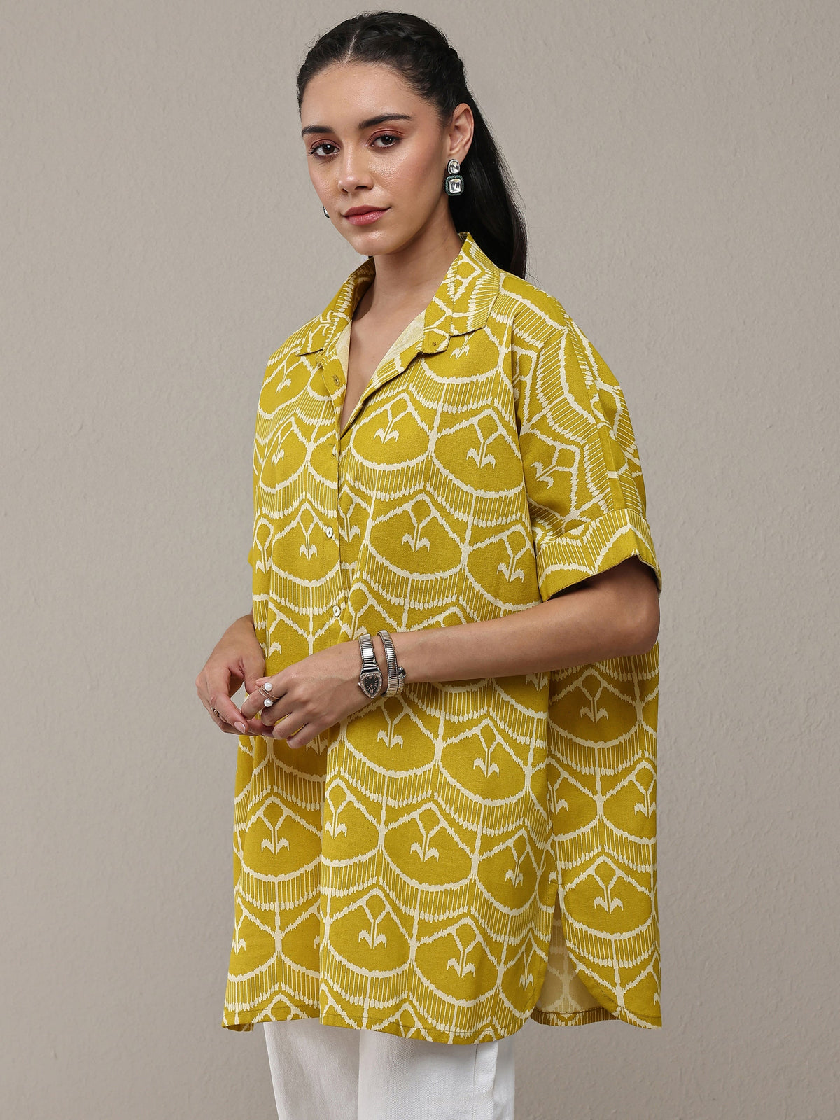 Libas Lime Green Ethnic Printed Cotton Shirt