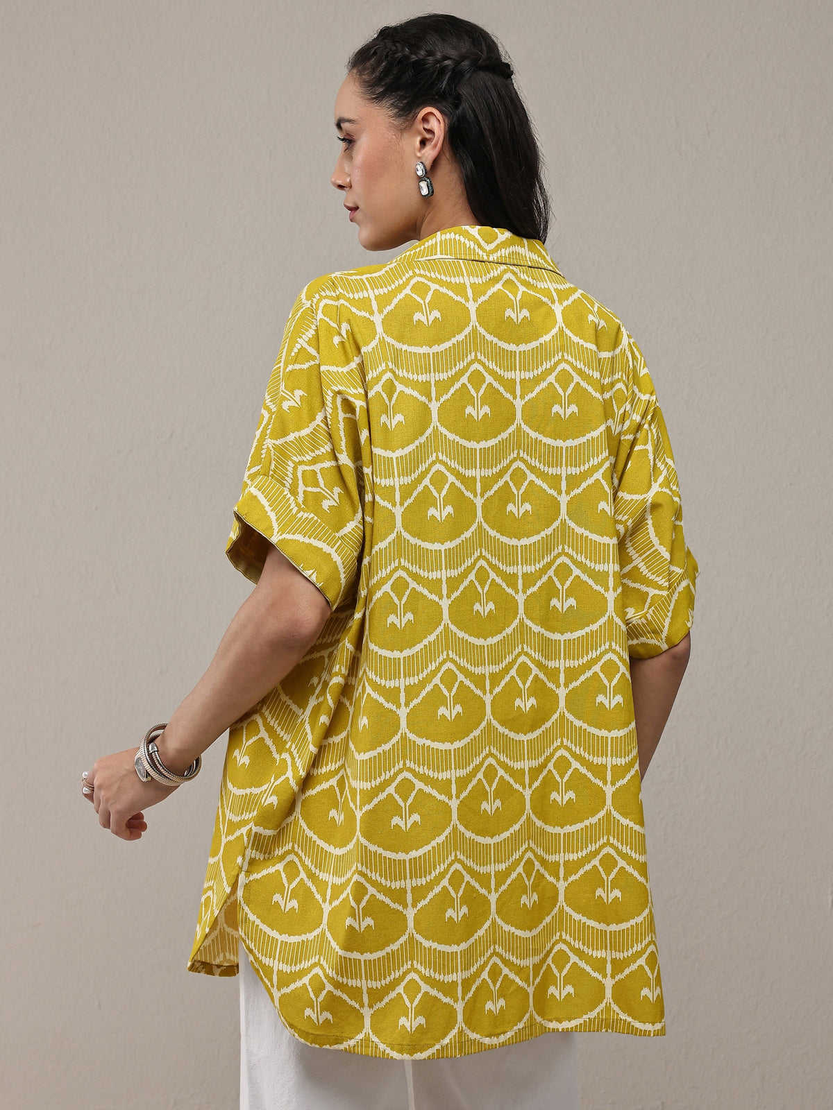 Libas Lime Green Ethnic Printed Cotton Shirt