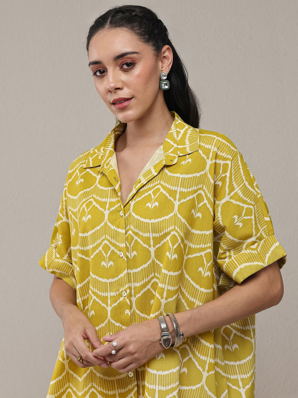 Libas Lime Green Ethnic Printed Cotton Shirt