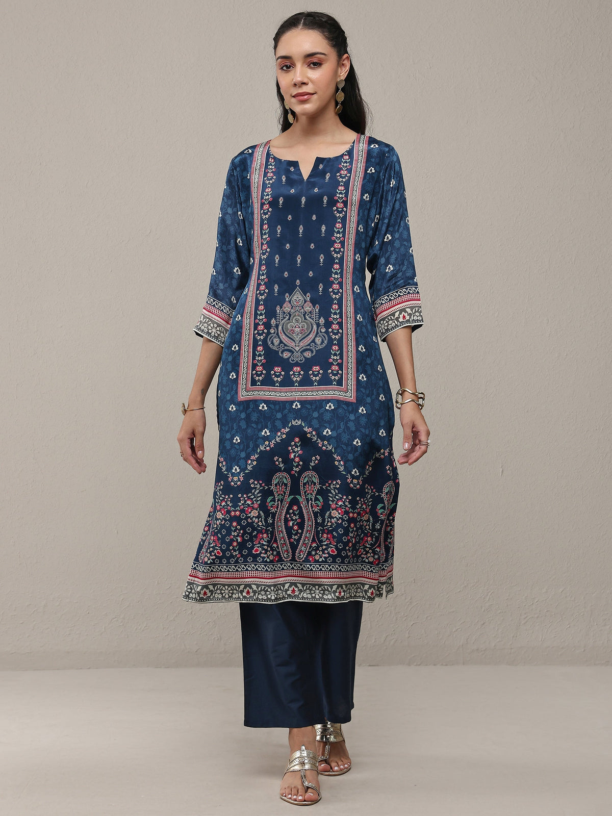 Libas Blue Ethnicprinted Crepe Straight Kurta