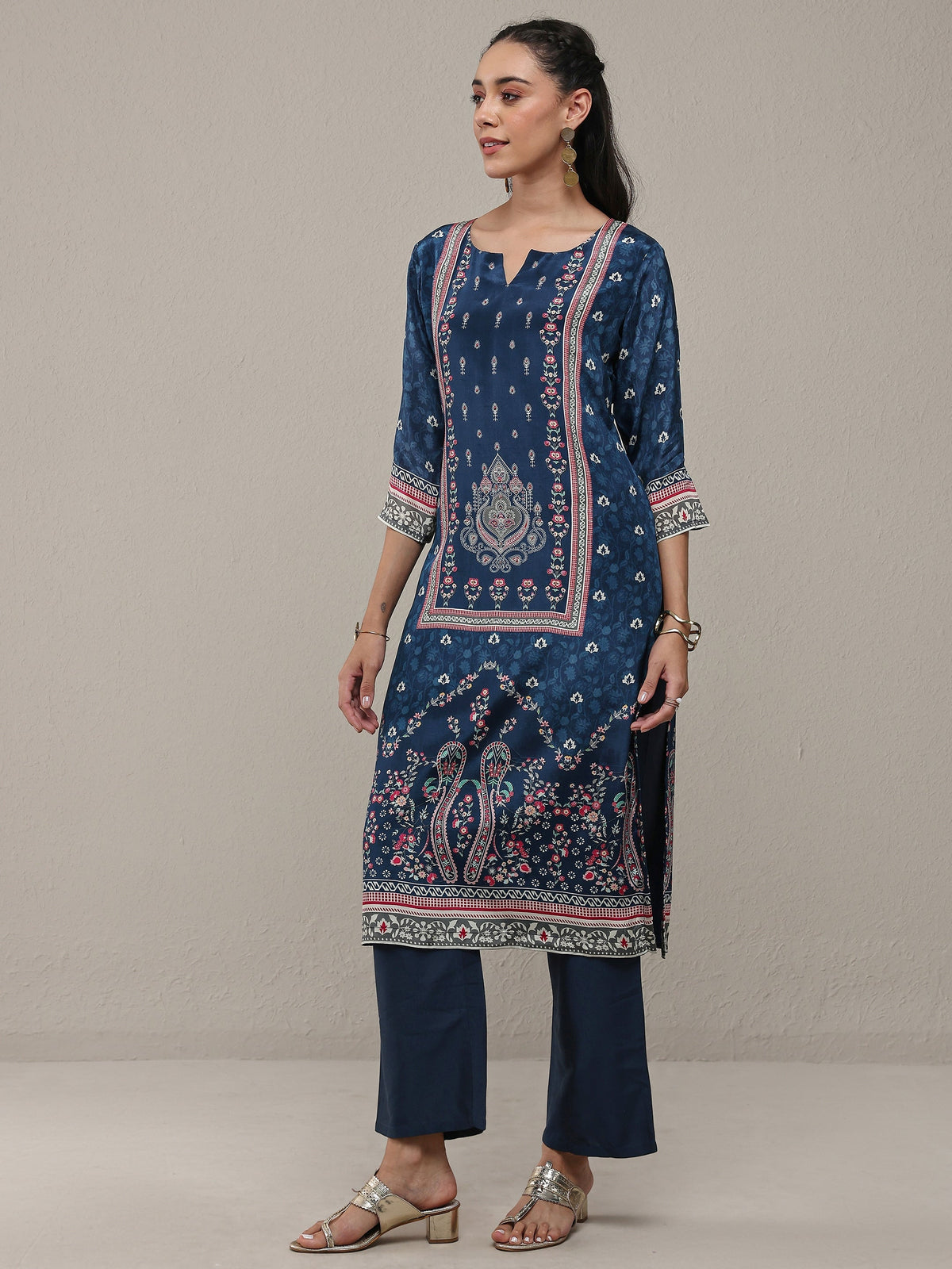 Libas Blue Ethnicprinted Crepe Straight Kurta