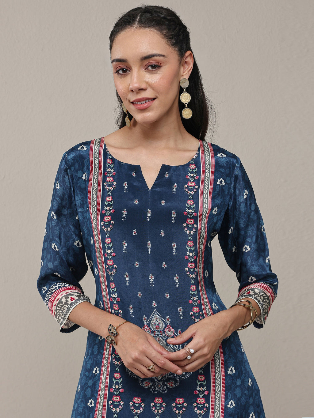 Libas Blue Ethnicprinted Crepe Straight Kurta