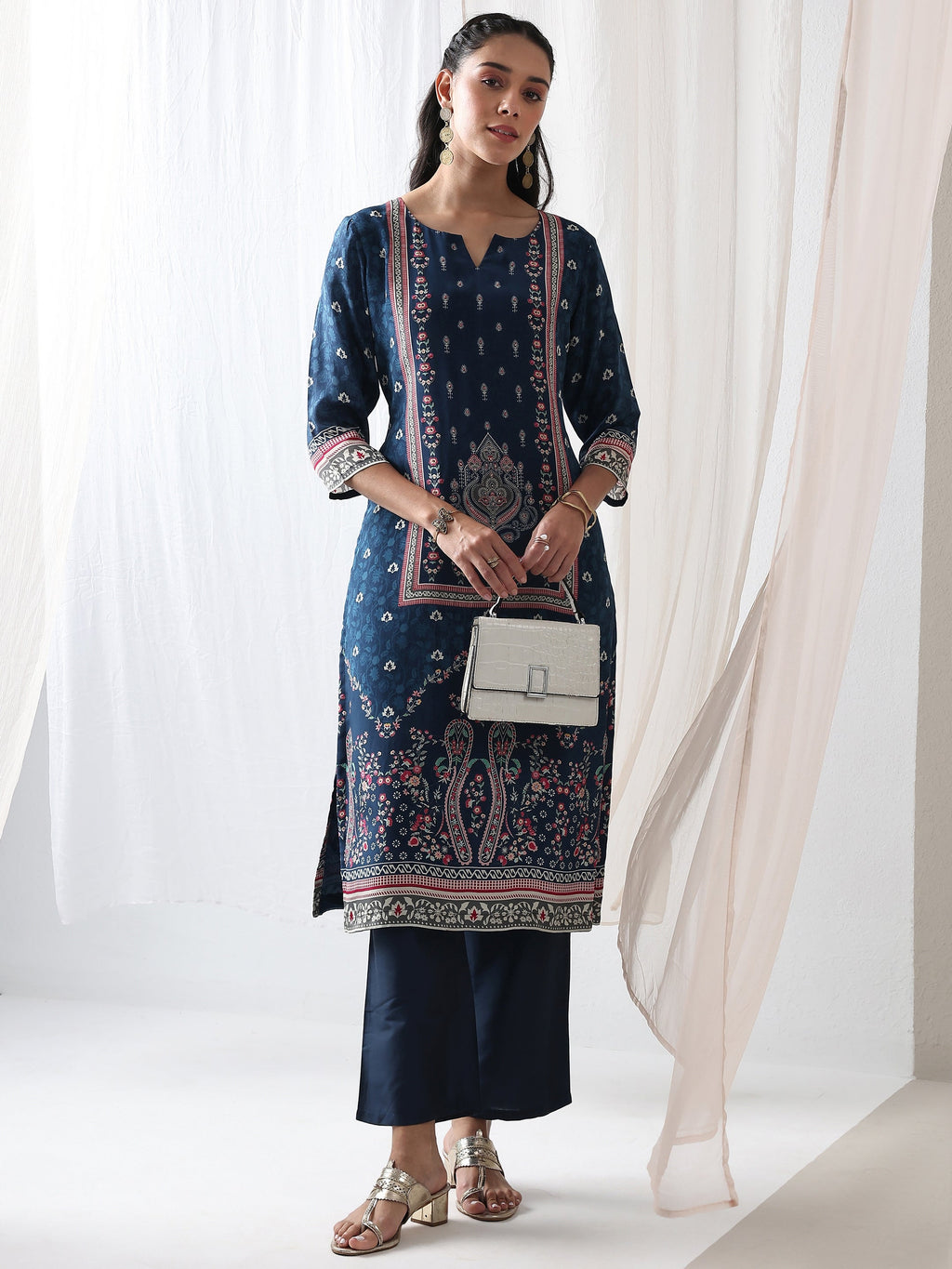 Libas Blue Ethnicprinted Crepe Straight Kurta