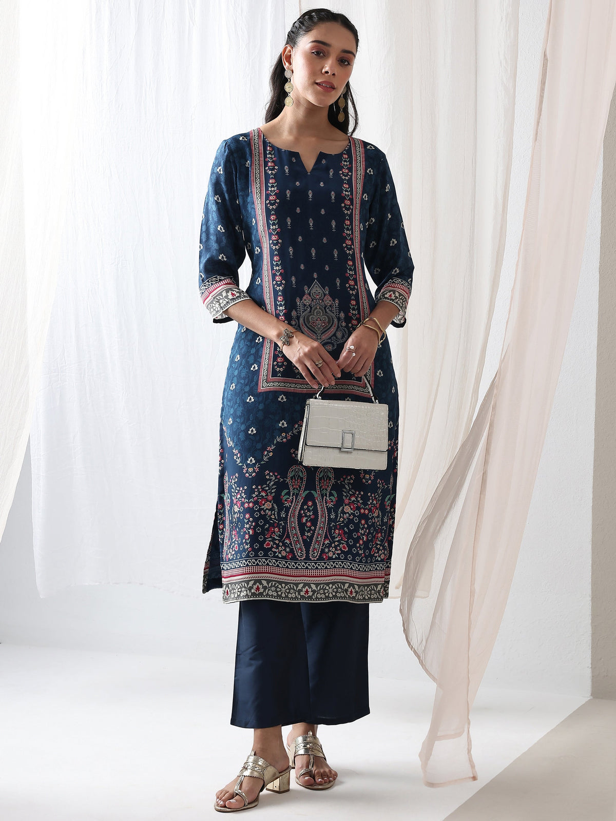 Libas Blue Ethnicprinted Crepe Straight Kurta