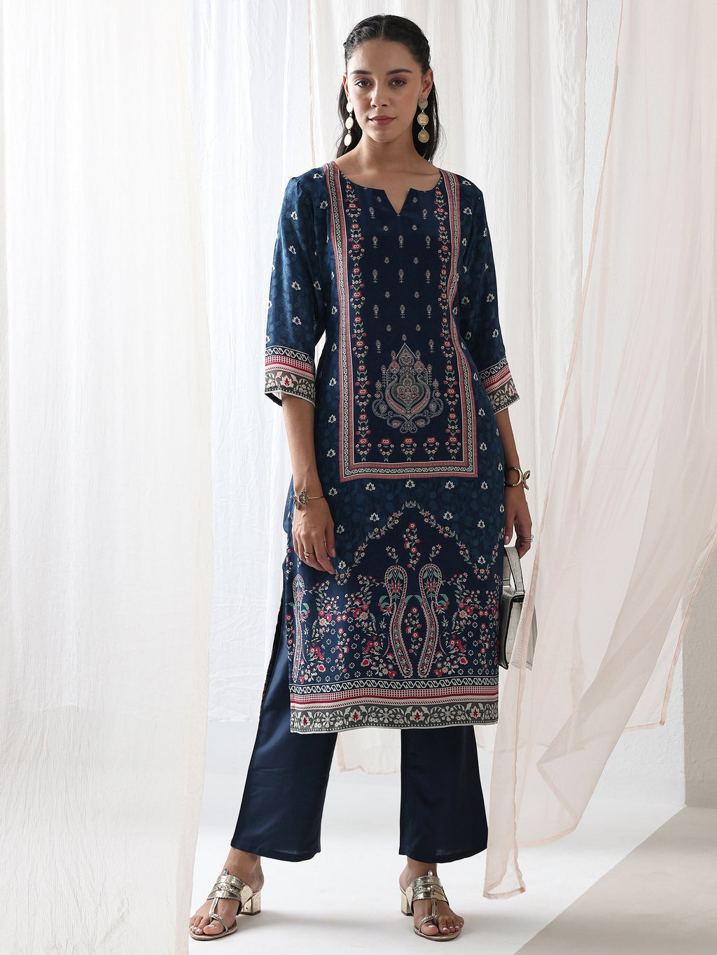 Libas Blue Ethnicprinted Crepe Straight Kurta