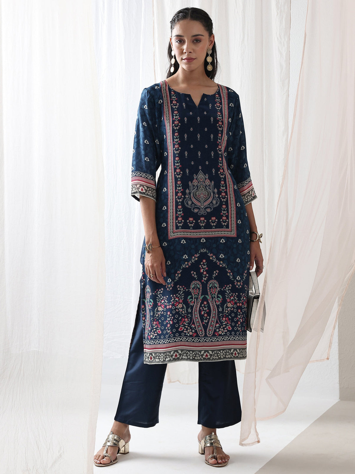 Libas Blue Ethnicprinted Crepe Straight Kurta