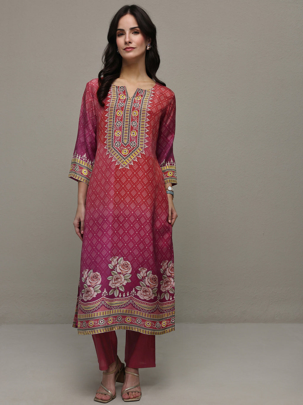 Libas Rust Bandhani Printed Organza Straight Kurta