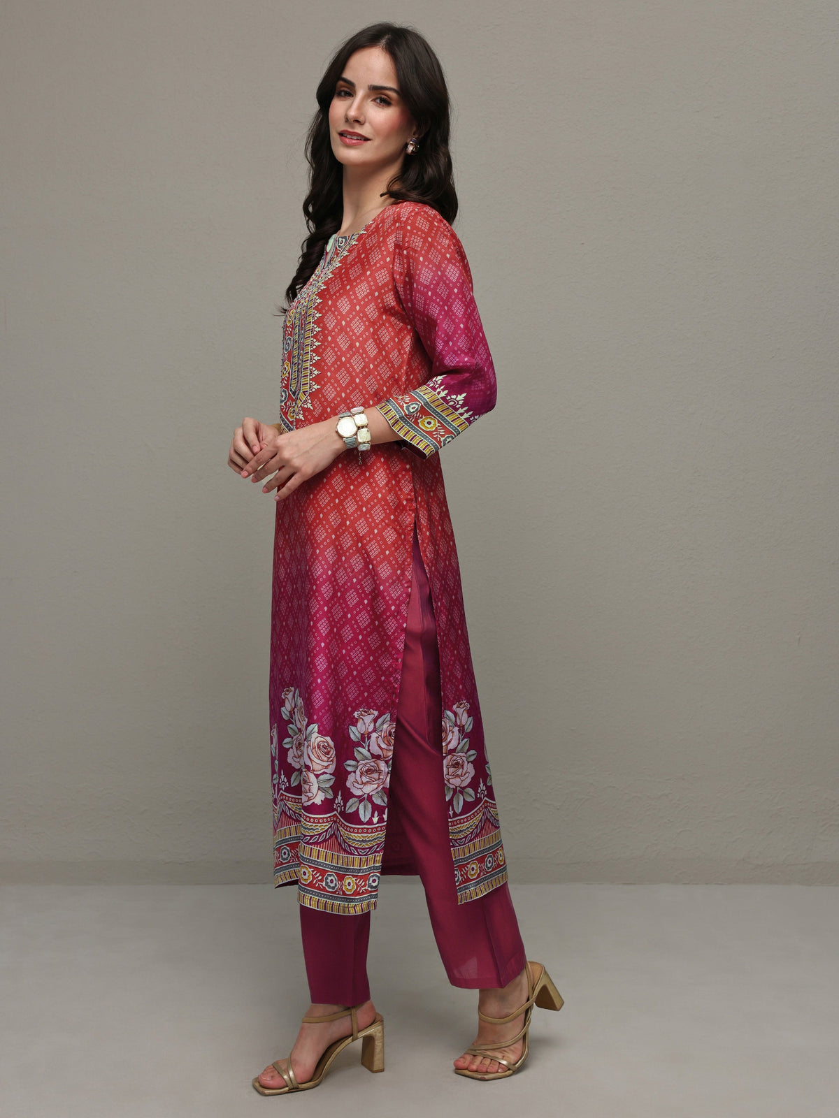 Libas Rust Bandhani Printed Organza Straight Kurta