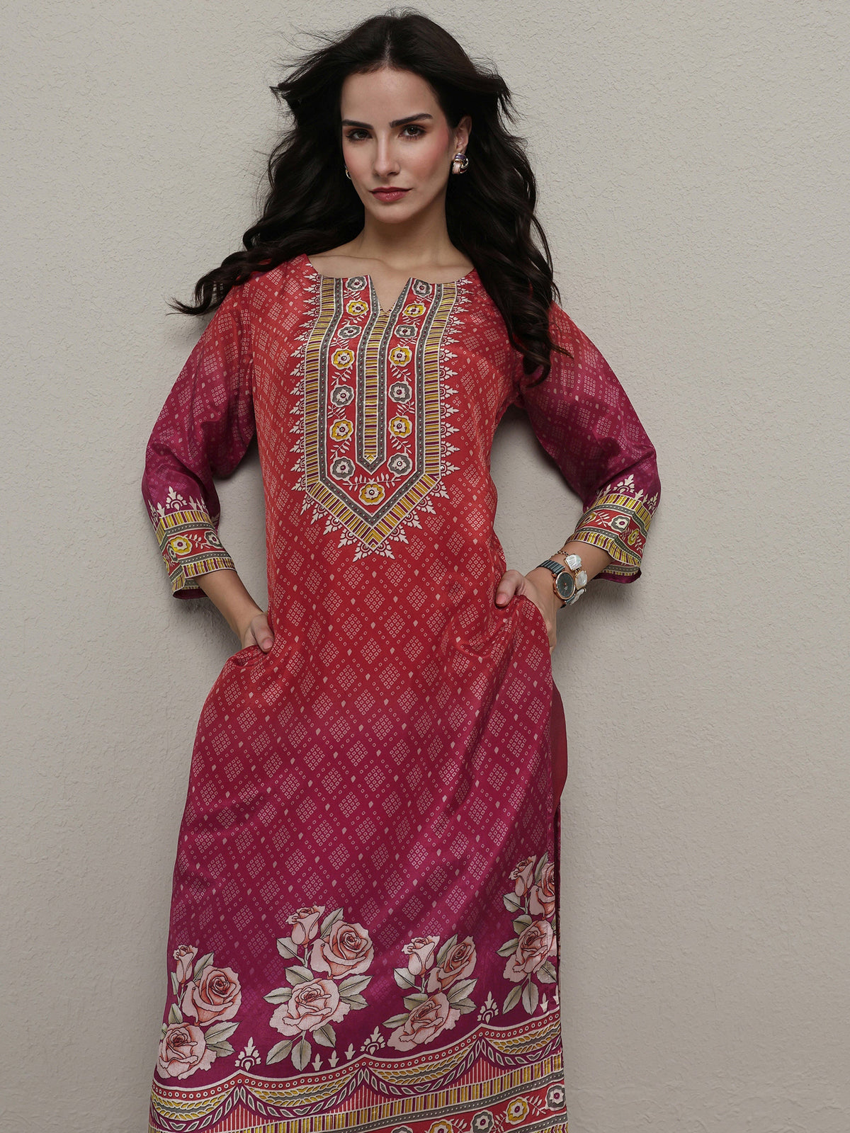 Libas Rust Bandhani Printed Organza Straight Kurta