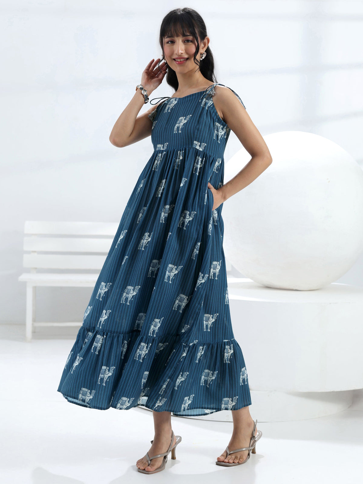 Libas Blue Camel Printed Fit-And-Flare Cotton Blend One-Piece Dress