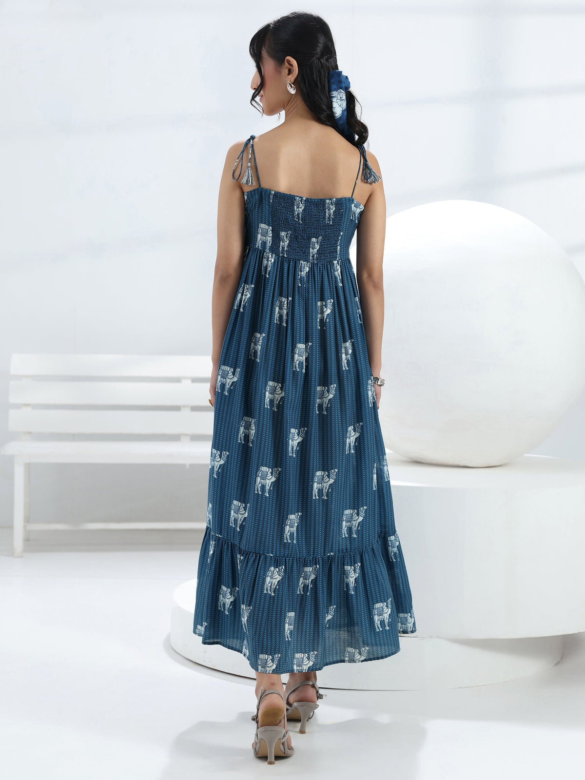Libas Blue Camel Printed Fit-And-Flare Cotton Blend One-Piece Dress