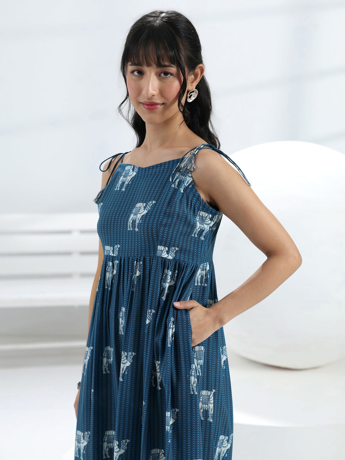 Libas Blue Camel Printed Fit-And-Flare Cotton Blend One-Piece Dress