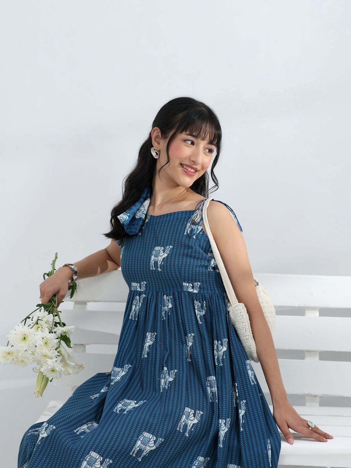 Libas Blue Camel Printed Fit-And-Flare Cotton Blend One-Piece Dress
