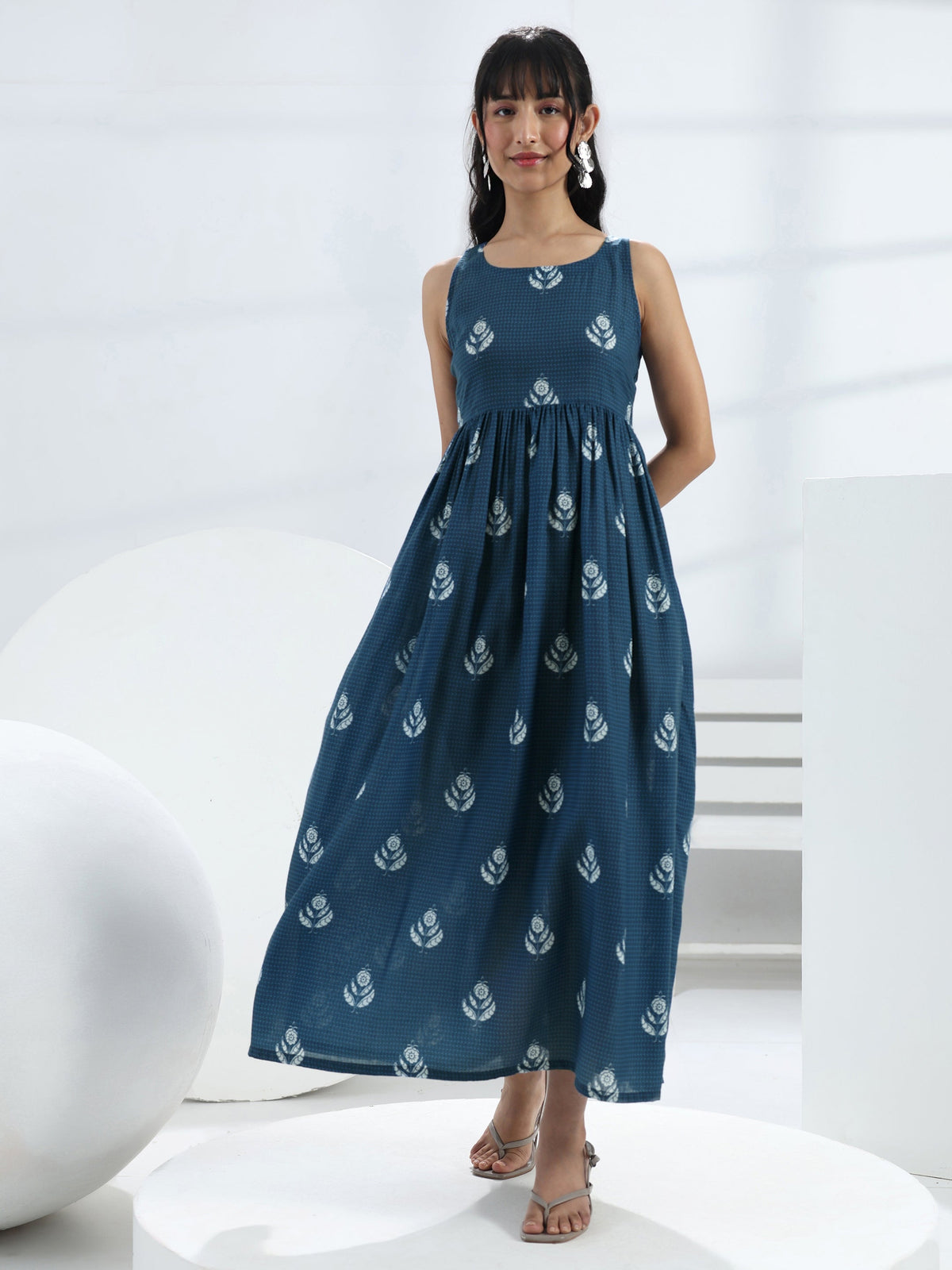 Libas Blue Floral Printed A-Line Cotton Blend One-Piece Dress