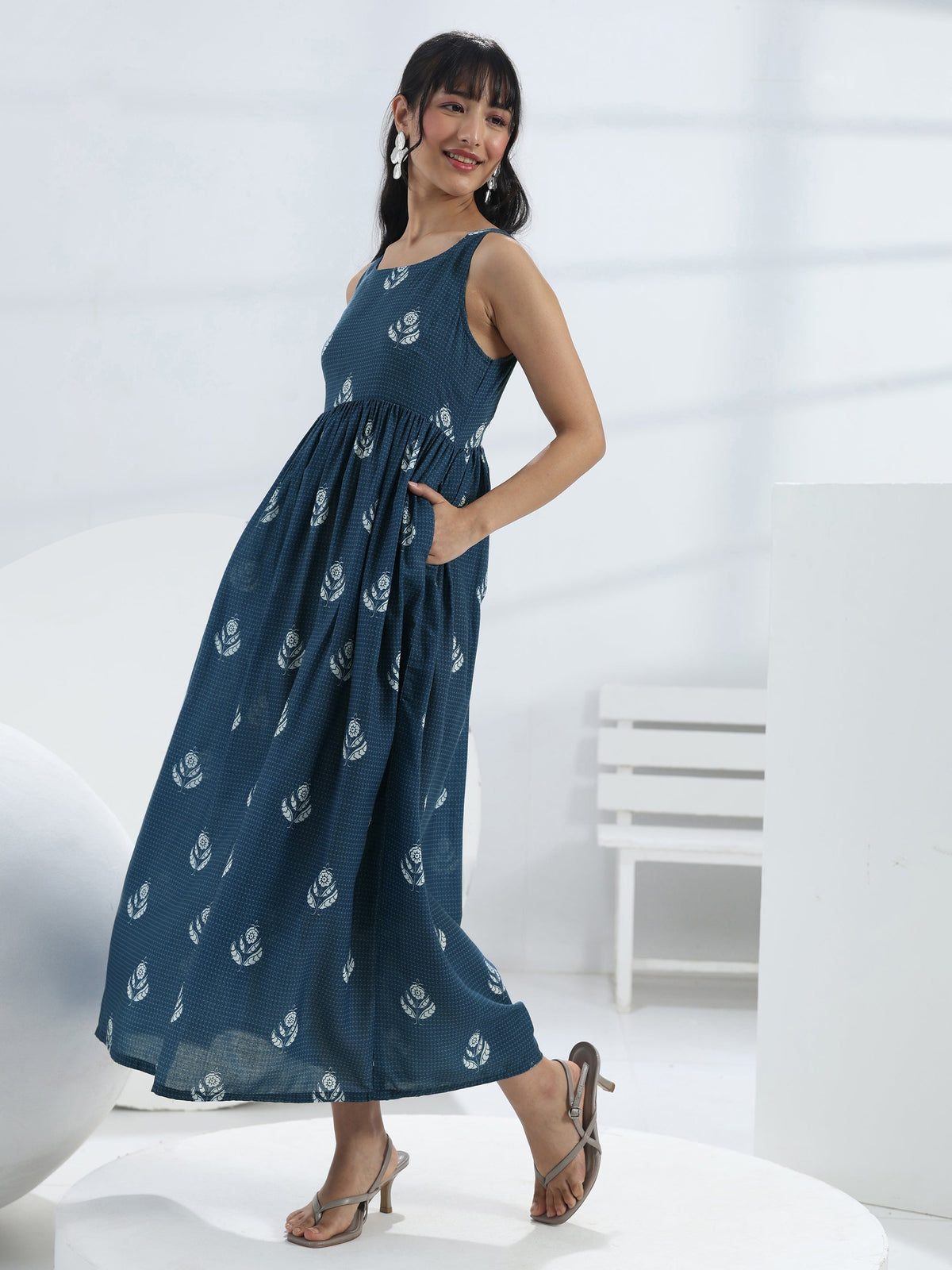Libas Blue Floral Printed A-Line Cotton Blend One-Piece Dress