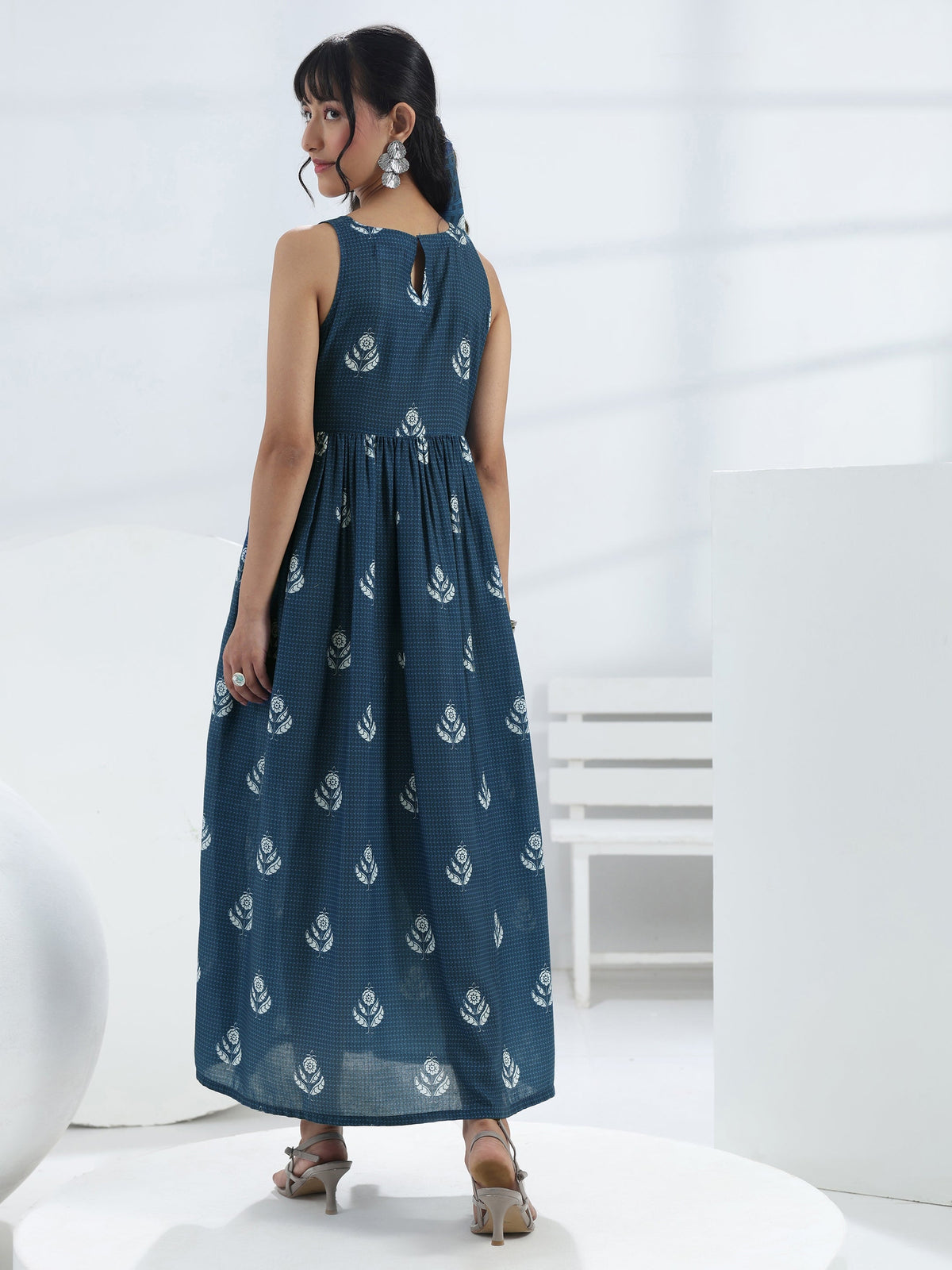 Libas Blue Floral Printed A-Line Cotton Blend One-Piece Dress