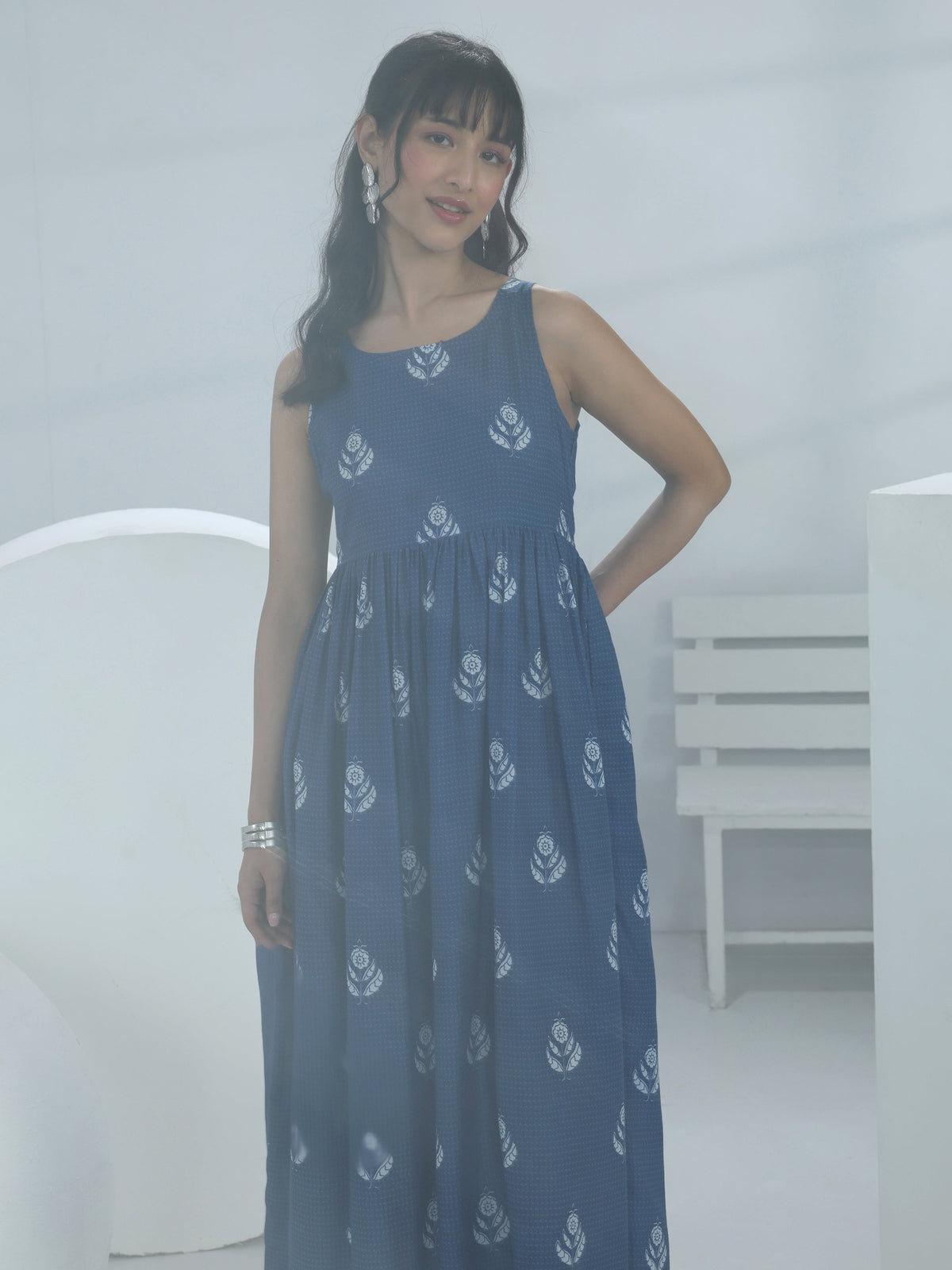 Libas Blue Floral Printed A-Line Cotton Blend One-Piece Dress
