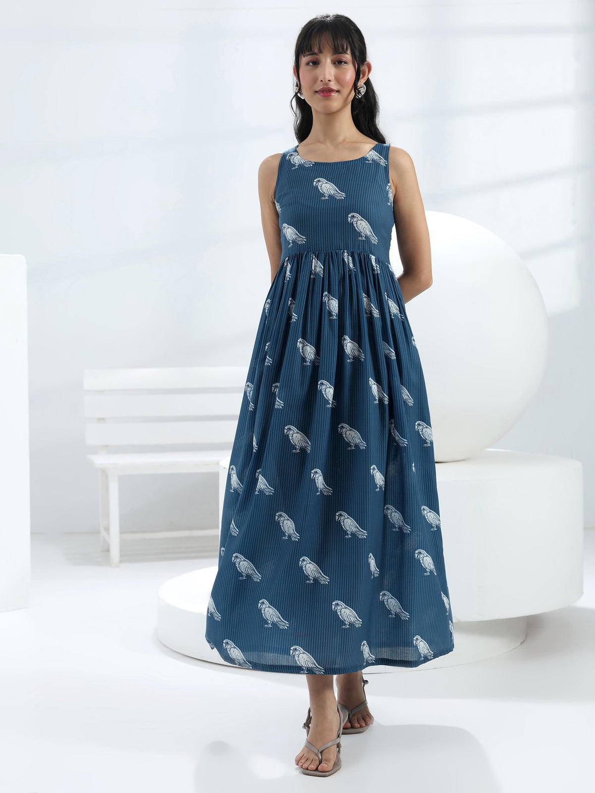 Libas Blue Parrot Printed Fit-And-Flare Cotton Blend One-Piece Dress