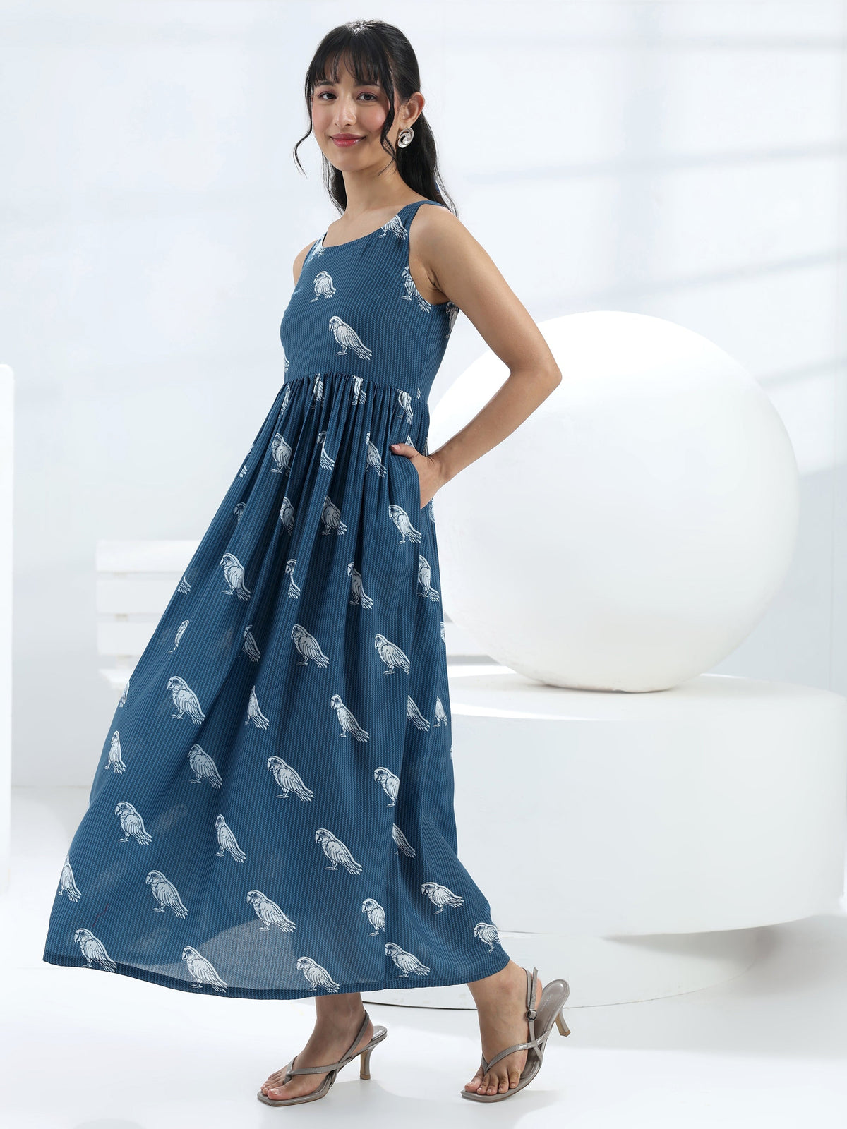 Libas Blue Parrot Printed Fit-And-Flare Cotton Blend One-Piece Dress