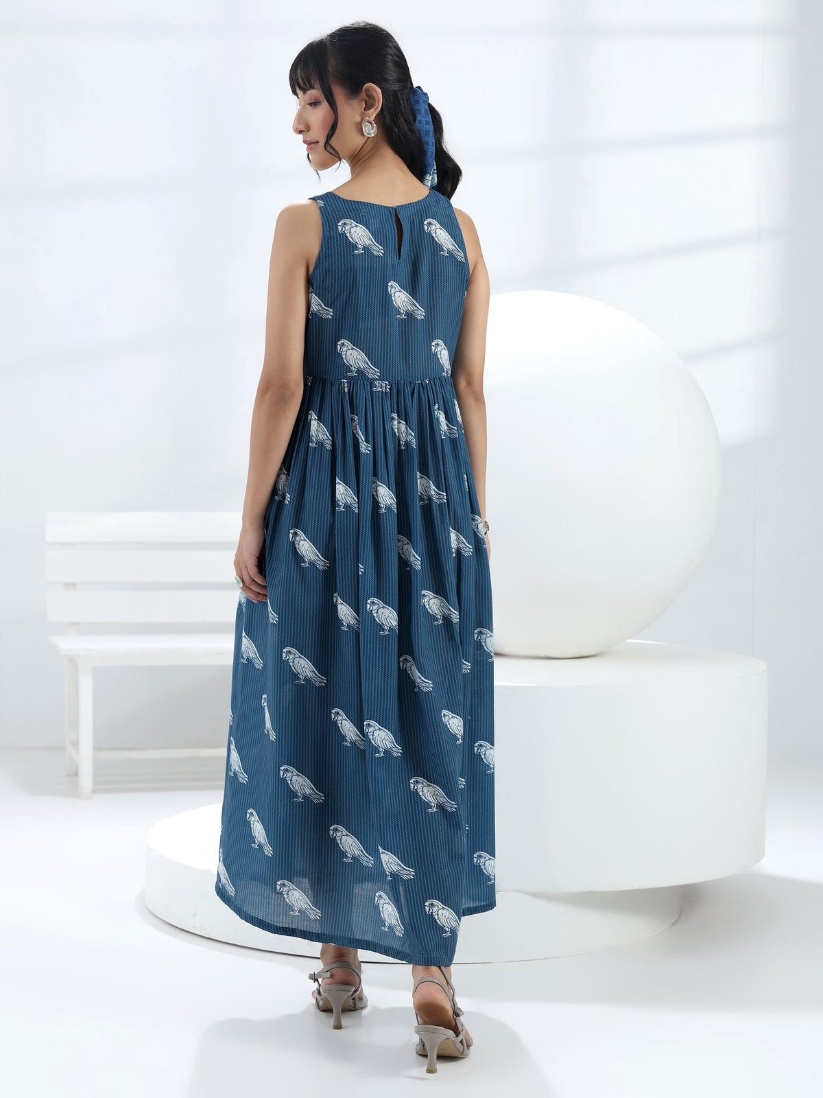 Libas Blue Parrot Printed Fit-And-Flare Cotton Blend One-Piece Dress