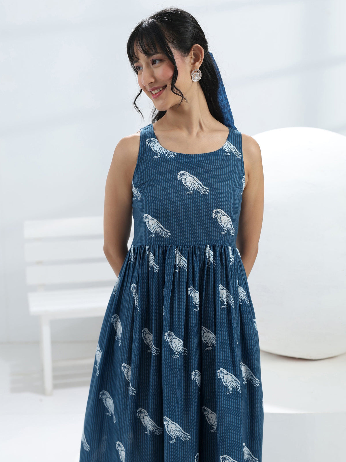 Libas Blue Parrot Printed Fit-And-Flare Cotton Blend One-Piece Dress